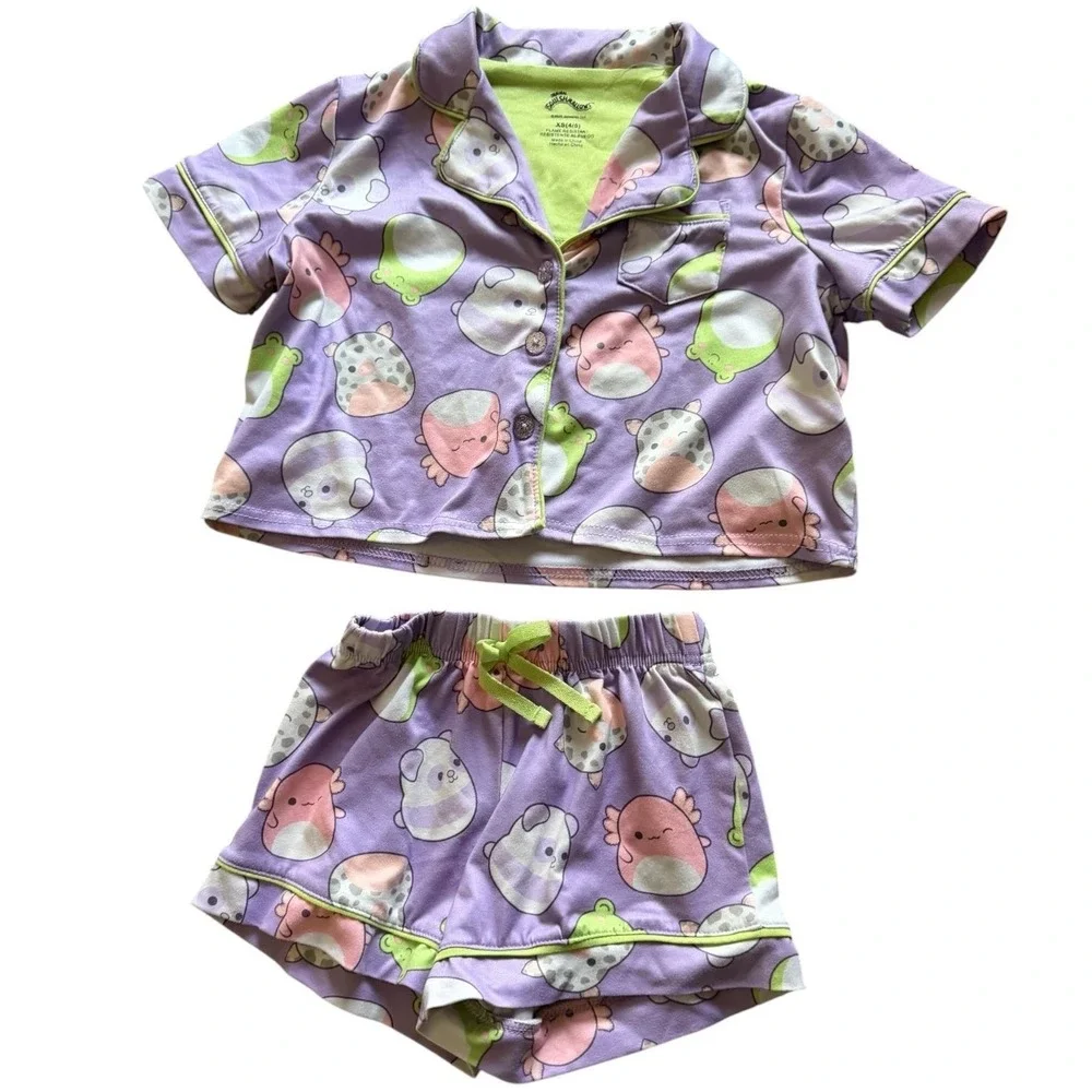 Squishmallows Girls Pajama Set XS 4/5 Boxy Top with Shorts & Gem Accent‎ Buttons